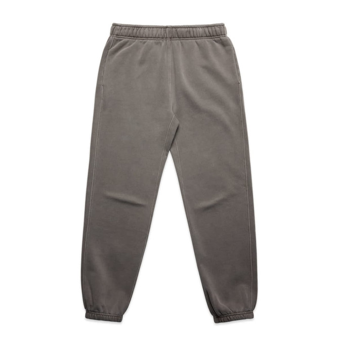 Faded track pants in a muted grey colour with an elastic waistband and cuffs, featuring side pockets and a branding logo.