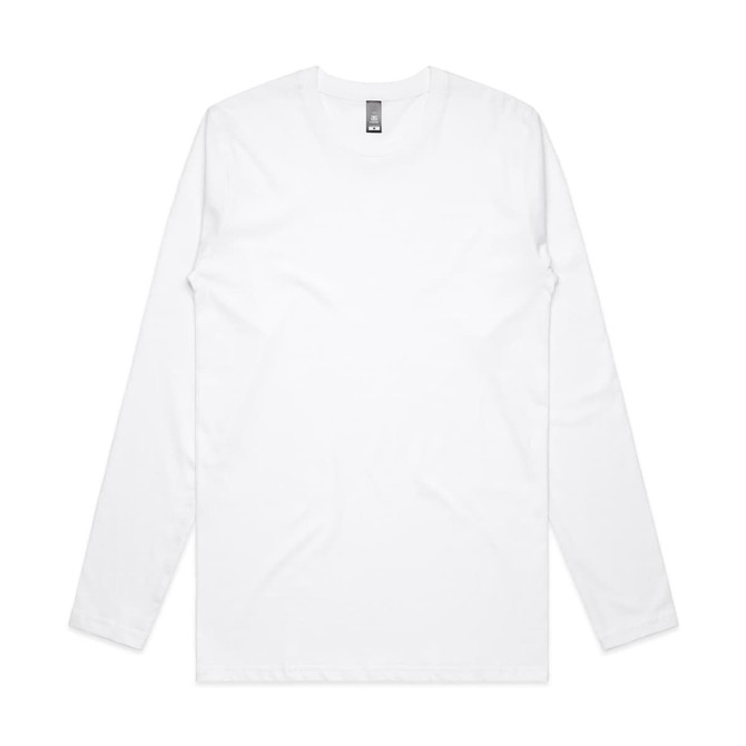 A long-sleeve white T-shirt with a crew neck and a label at the collar. It features a logo.