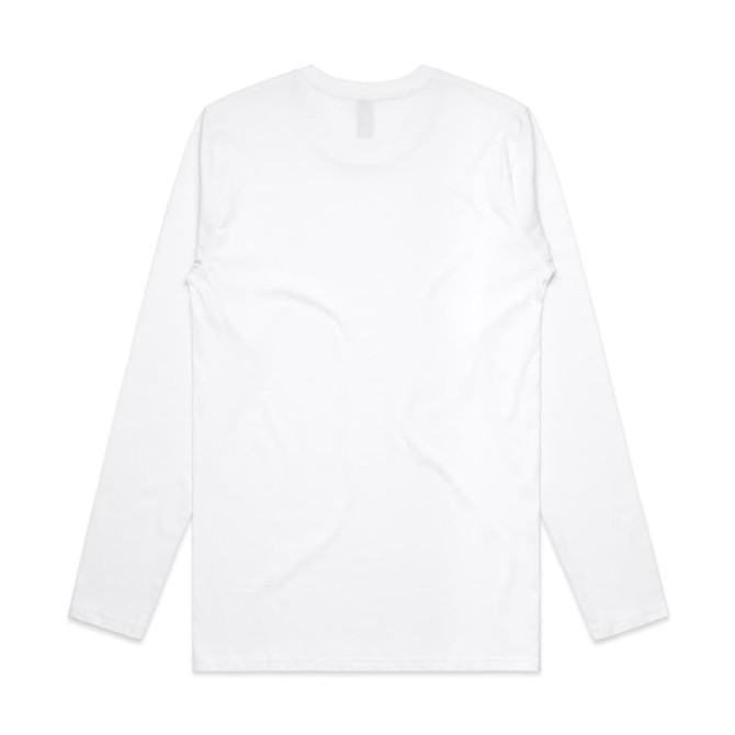 A white long-sleeve T-shirt with a simple design and a logo on the back.