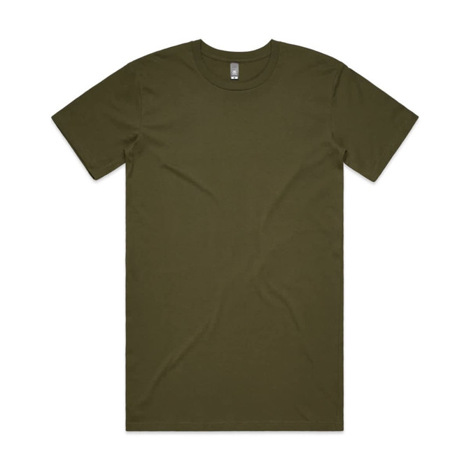 An olive green t-shirt with a plain design and a small logo on the neckline.