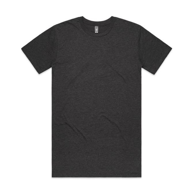 A dark grey T-shirt with short sleeves and a crew neck, featuring a logo on the inside label.