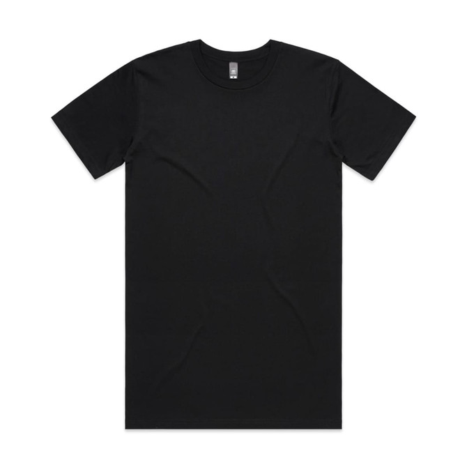 A black T-shirt with a round neckline and short sleeves, featuring a logo on the inside label.