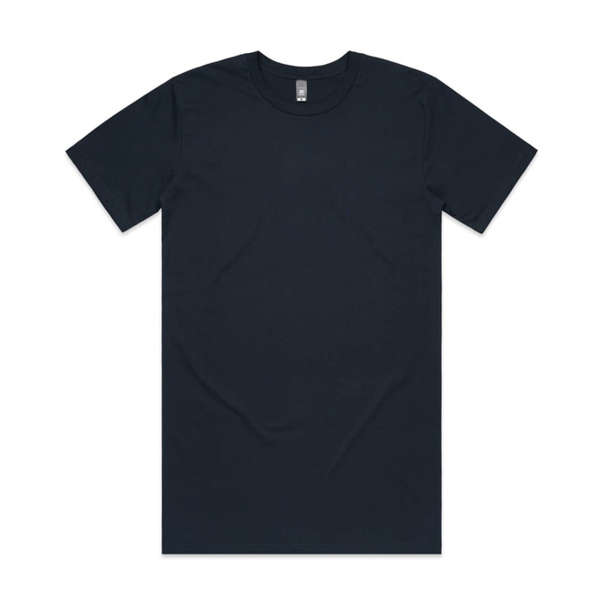 A plain, dark navy T-shirt with short sleeves, featuring a simple design and a label at the neckline.