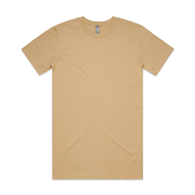 A plain tan T-shirt with a crew neck and short sleeves. It features a logo on the label.