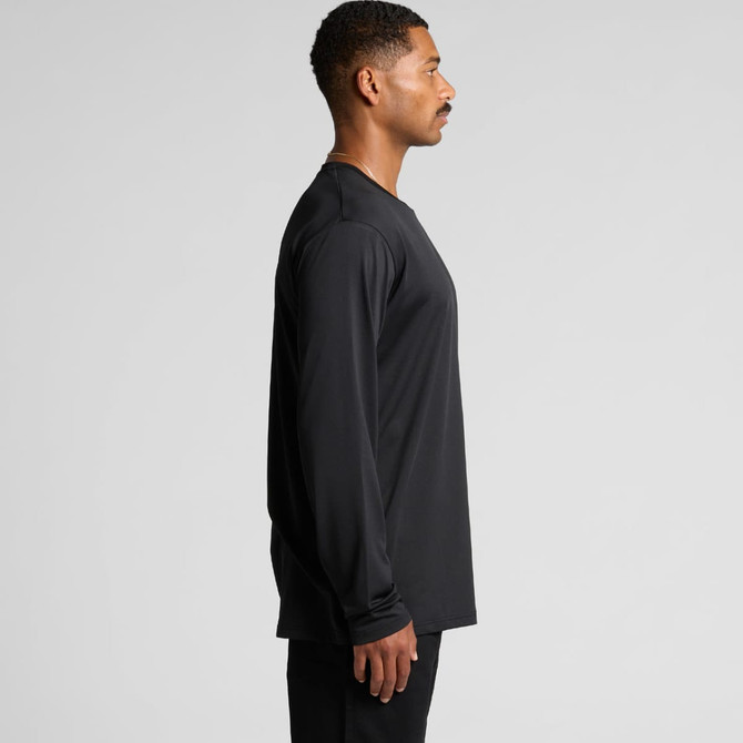 A black long-sleeve T-shirt with a relaxed fit and a logo on the side.