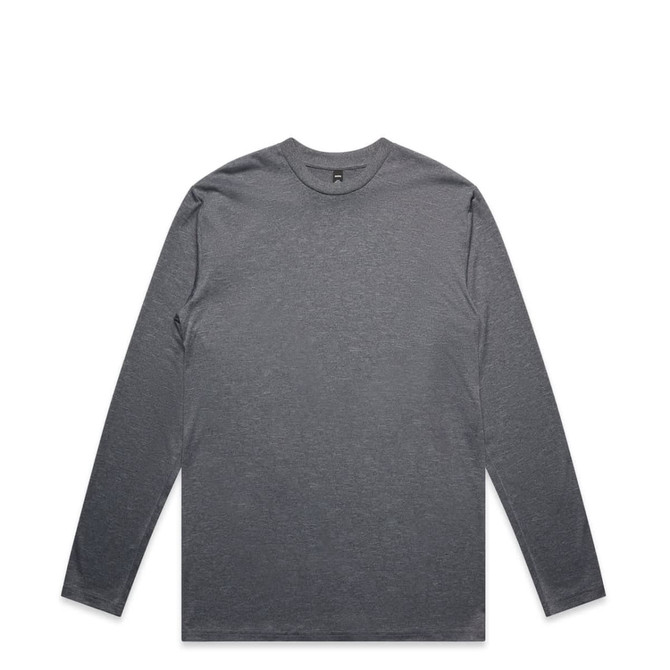 A long-sleeve grey T-shirt with a round neckline. It features a logo on the front.