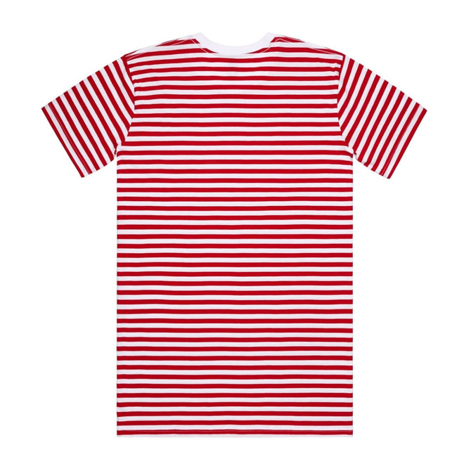 A red and white striped T-shirt featuring short sleeves and a round neck, with a logo on the back.