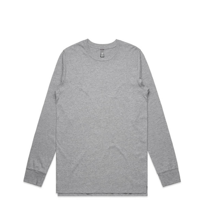 A long-sleeved grey t-shirt with a round neck and a small brand logo.