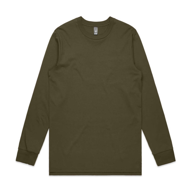 A long-sleeve t-shirt in olive green, featuring a simple design and a logo on the label.