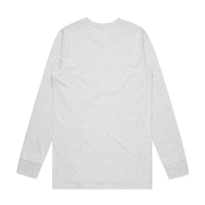 A long-sleeve grey T-shirt with a simple design, featuring a logo on the back.