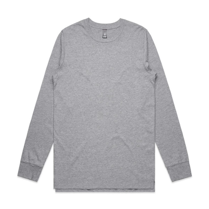 A grey long-sleeve t-shirt with a round neckline and a brand logo.