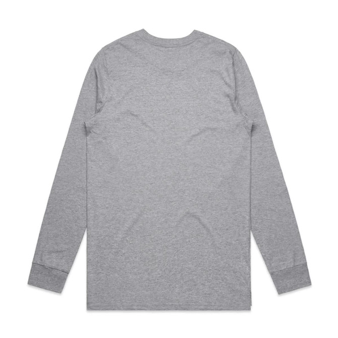 A grey long-sleeve t-shirt with a plain back and fitted sleeves, featuring a logo.
