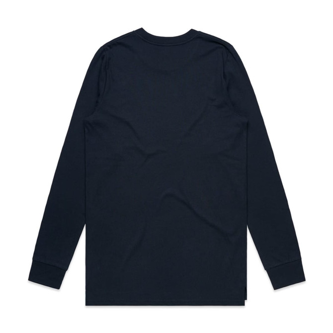 A long-sleeve T-shirt in dark navy with a simple, unembellished back and a logo at the hem.