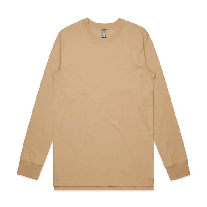 A beige long-sleeved t-shirt with a crew neckline and logo detailing. 