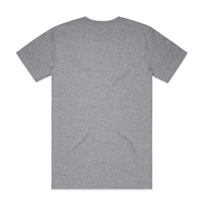 A grey t-shirt with short sleeves and a simple design, featuring a logo on the back.