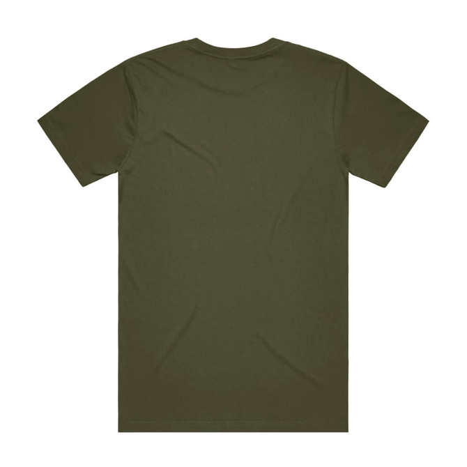 A plain olive green t-shirt featuring a simple back design and a logo on the fabric.