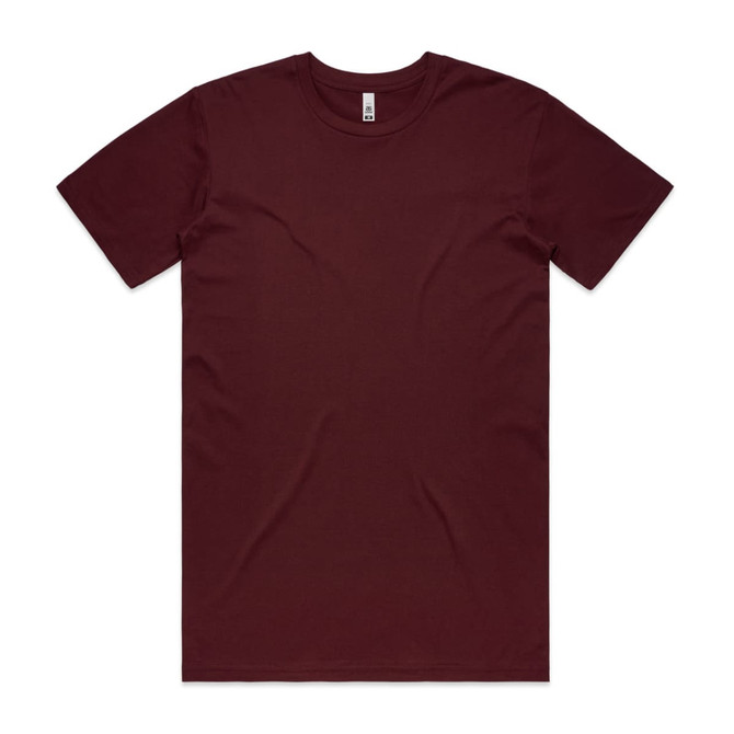 A burgundy Basic Tee T-shirt with a crew neck and short sleeves, featuring a logo on the tag.