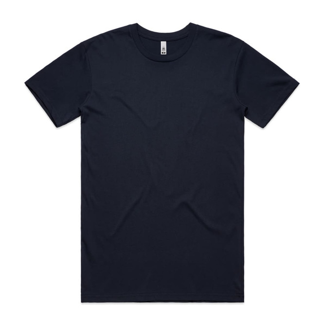 A navy basic t-shirt featuring a crew neck and short sleeves, with a label on the neckline.