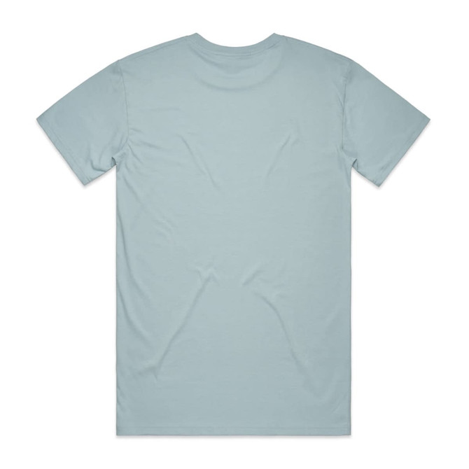 A light blue t-shirt with a round neck and short sleeves, featuring a logo on the back.