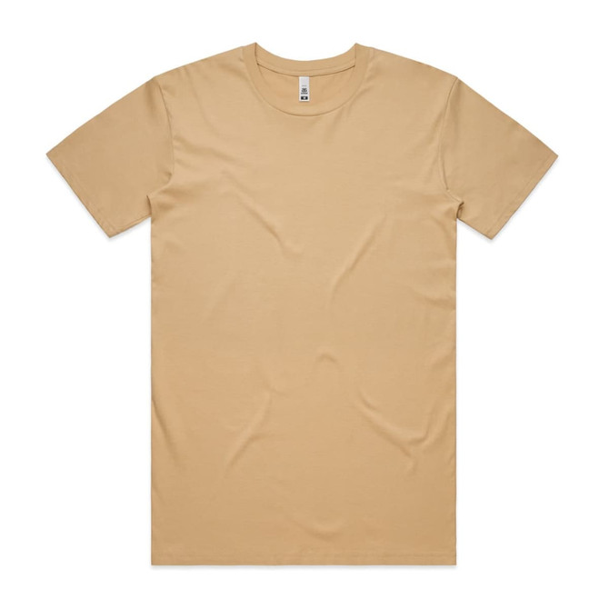 A plain short-sleeve t-shirt in a sandy beige colour, featuring a logo on the label.