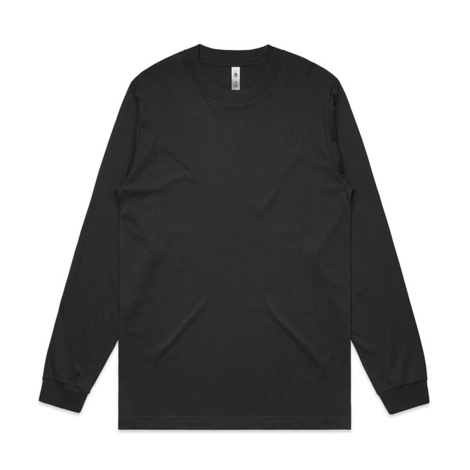 A black long-sleeve t-shirt featuring a crew neckline and fitted cuffs, with a logo on the label.