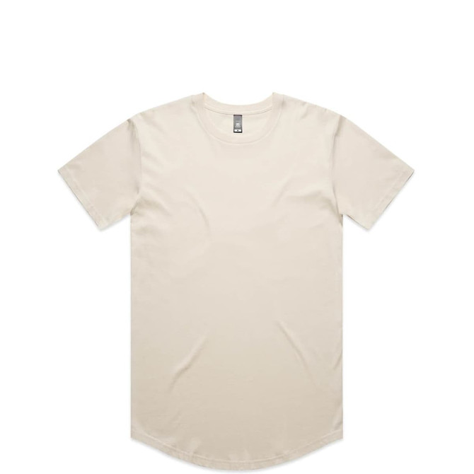 A beige Staple Curve Tee featuring a rounded hem and short sleeves, with a small logo on the neckline.