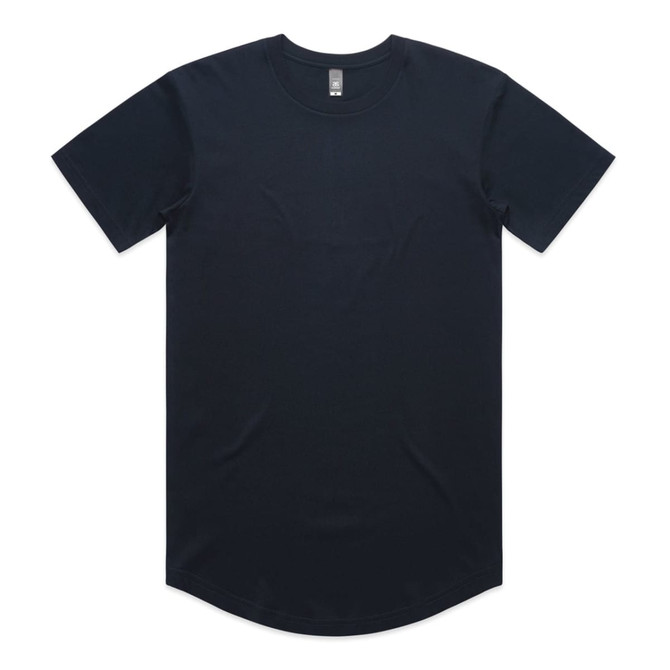 A navy blue T-shirt with a curved hem and short sleeves, featuring a logo on the chest area.
