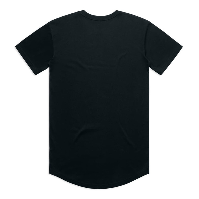 A black T-shirt featuring a curved hem and short sleeves, with a small logo on the back.