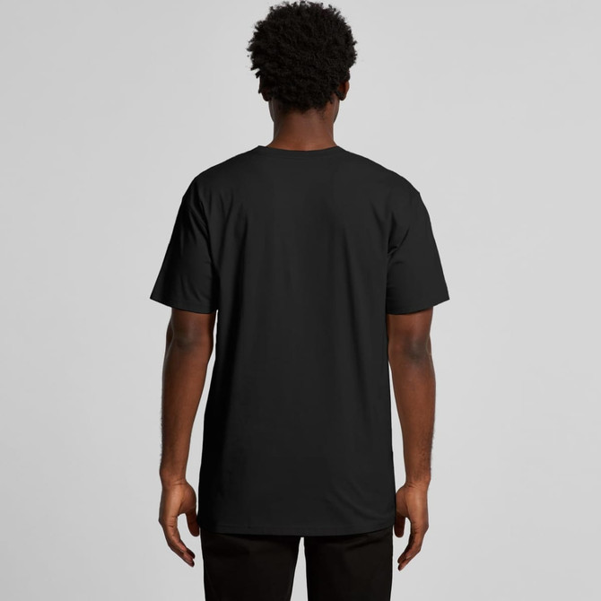 A black t-shirt is displayed, featuring a standard crew neckline and short sleeves. The back view shows a minimal design with a logo.