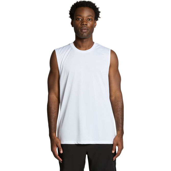 A sleeveless active tank in white, featuring a simple design and a logo on the front.