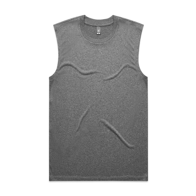 A grey sleeveless tank top with a smooth texture and a logo on the chest area.