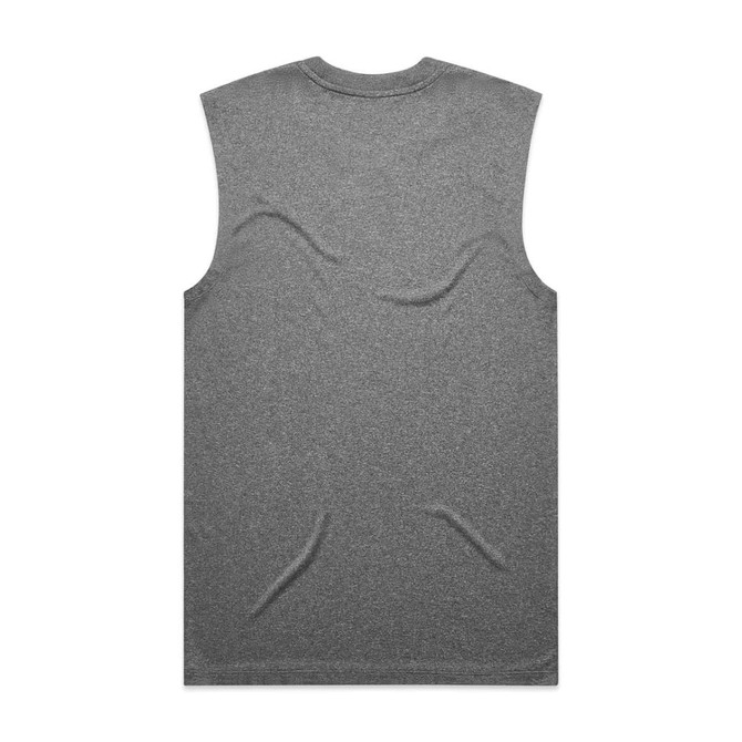 A grey sleeveless tank top with a smooth texture and a logo on the back.
