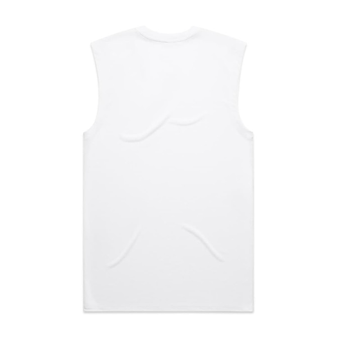 A plain white tank top with a sleeveless design and a logo on the back.