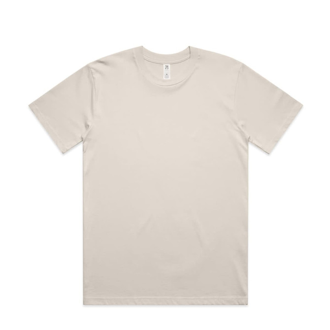 A beige Classic Minus Tee [-5cm] t-shirt with a round neckline and short sleeves, featuring a logo.