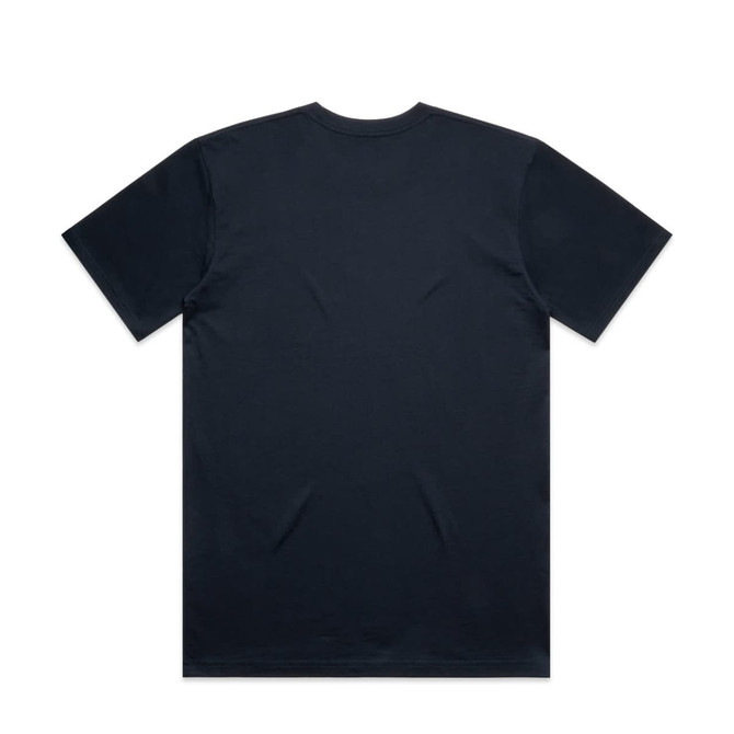 A plain black t-shirt with short sleeves and a crew neckline. The back features a logo.