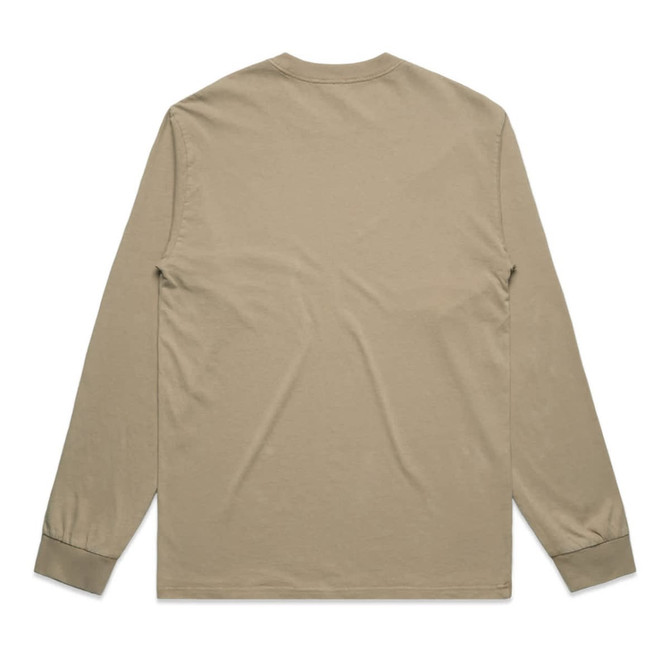 A long-sleeve tee in a faded olive green with a plain back and fitted cuffs. It features a logo on the label.