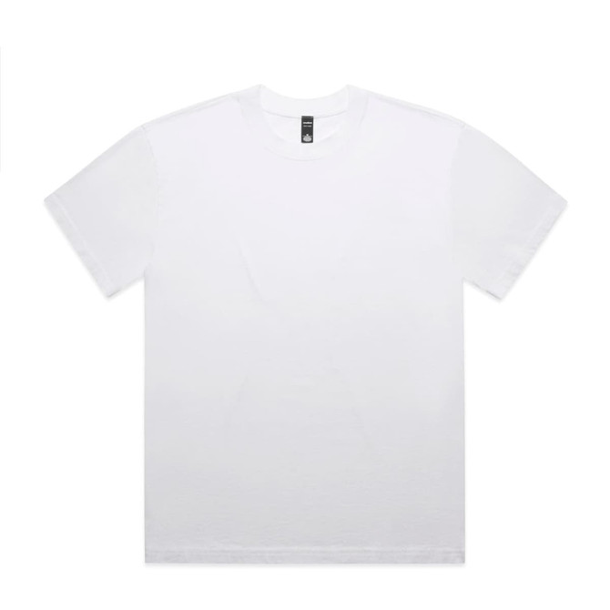 A white t-shirt with a relaxed fit, featuring a logo in the neckline area.