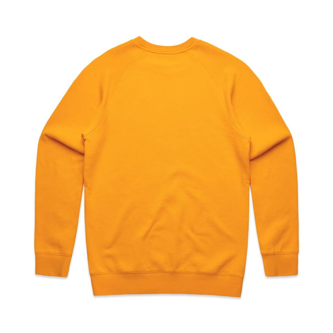 A vibrant yellow sweater features a clean back design and raglan sleeves. It has a logo on the back.