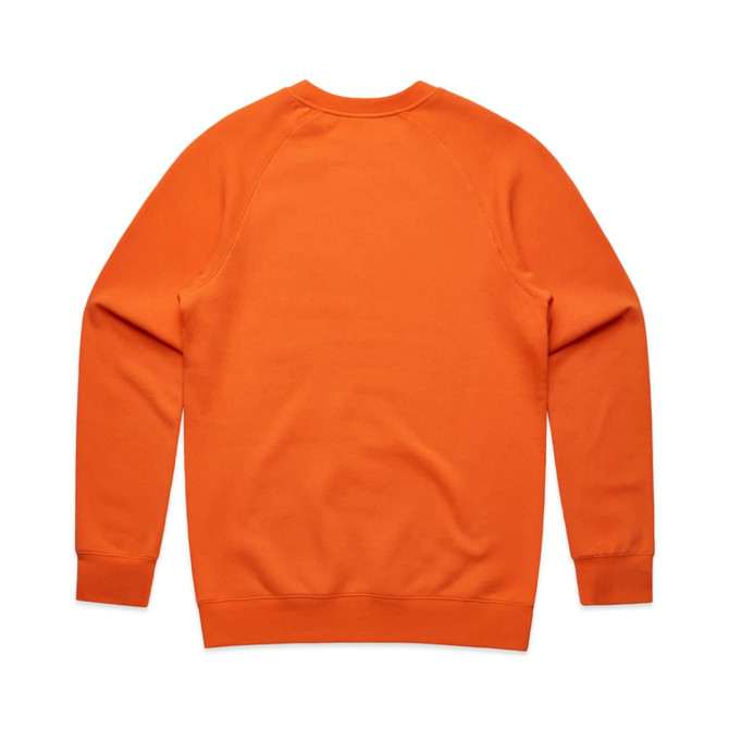 An orange jumper with a crew neckline and long sleeves, featuring a plain back. It has a logo on it.