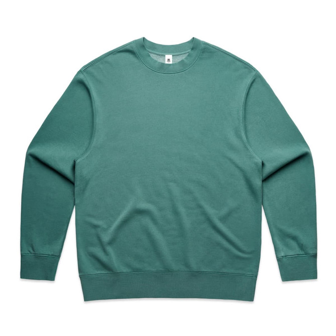A green crew jumper with long sleeves and a round neckline. It features a logo on the label.