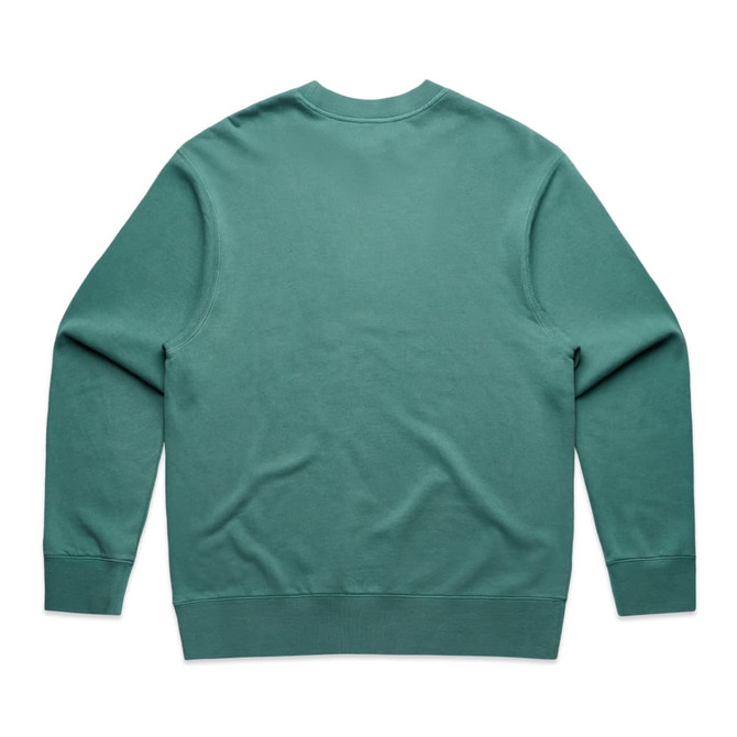 A green sweatshirt with long sleeves and a crew neck, featuring a logo on the back.