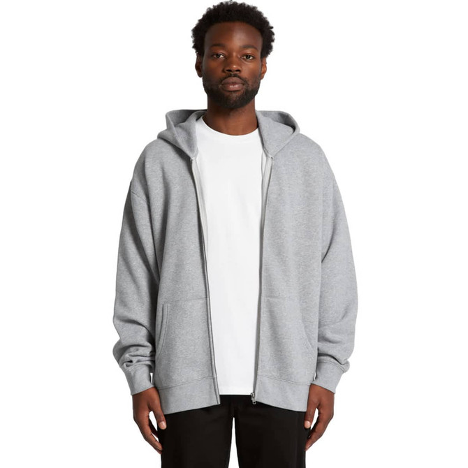 A grey zip-up hoodie with a hood, featuring a logo, worn over a white t-shirt.