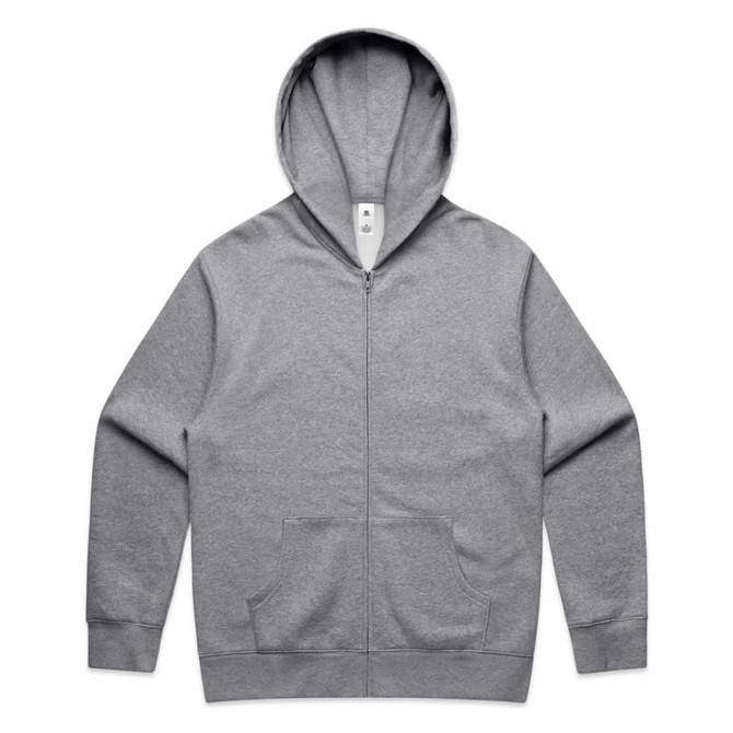 A grey zip-up hoodie with a front pocket and a hood, featuring a logo on the label.