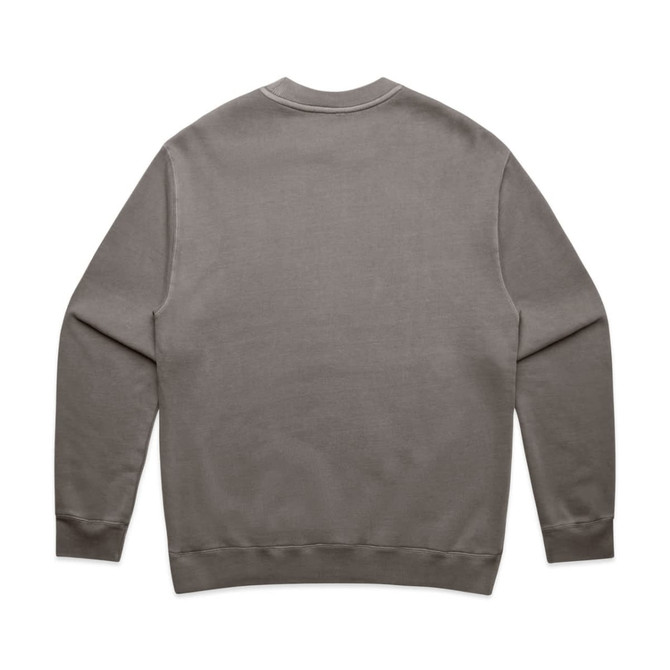 A grey jumper with a crew neck and long sleeves. The back is plain and features a logo.