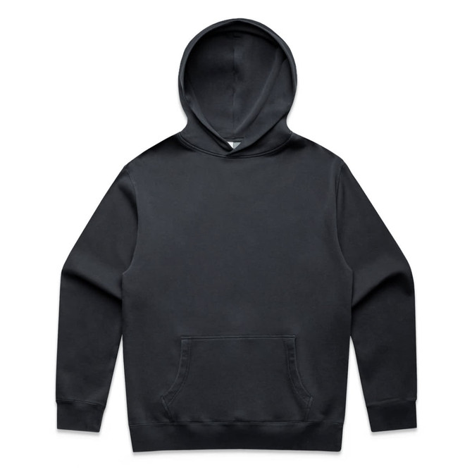 A black hoodie featuring a front pouch pocket and a hood. It has a simple design and includes a logo.