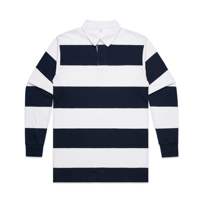 A rugby stripe polo shirt featuring alternating navy blue and white horizontal stripes. It has a collar and long sleeves.