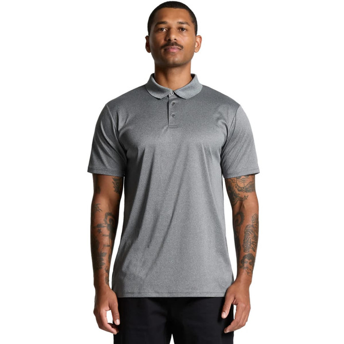 A grey polo shirt with a collar and short sleeves, featuring a logo on the chest.