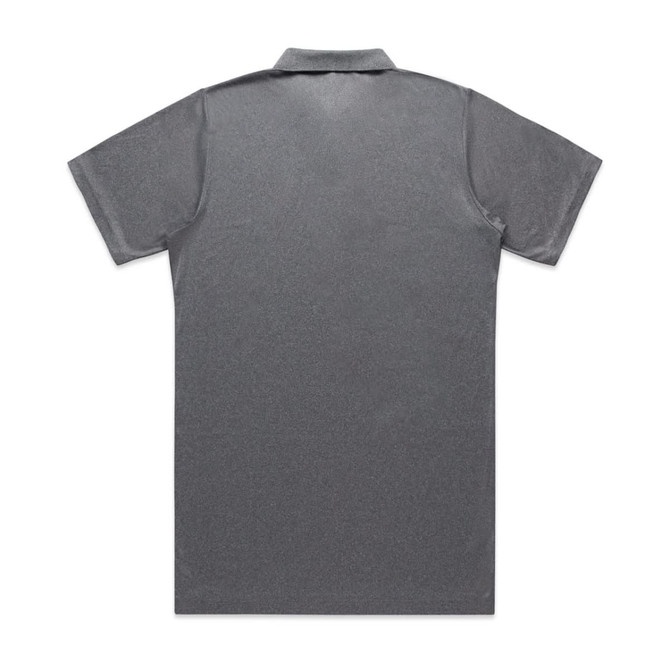A grey polo shirt featuring a classic collar and short sleeves, with a logo on the back.