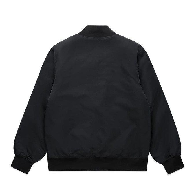 A black College Bomber Jacket with a classic design, featuring a ribbed neckline and cuffs.