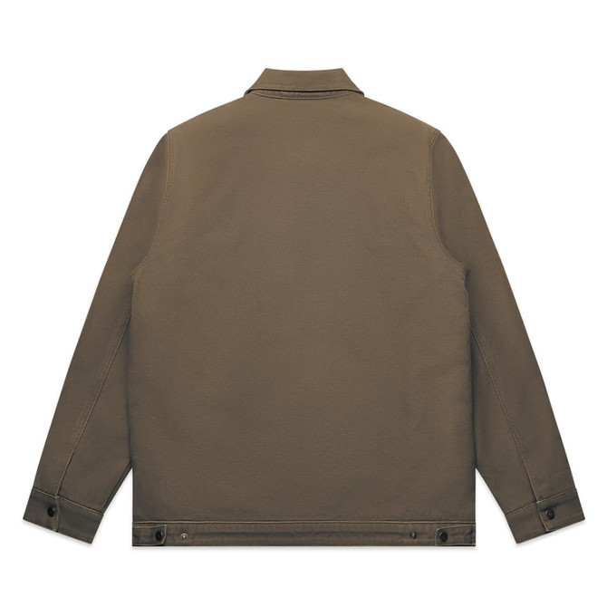 A brown canvas heavy jacket with a collared neckline and button details at the cuffs. It features a logo.